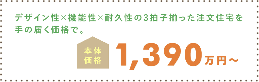デザイン性×機能性×耐久性の3拍子揃った注文住宅を手の届く価格で。 本体価格 1,390万円(税込)～